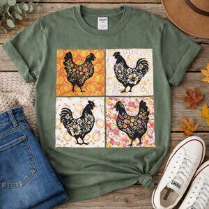 Fall Chicken/Hen Tee | Medium | Gildan Heavy Cotton Military Green